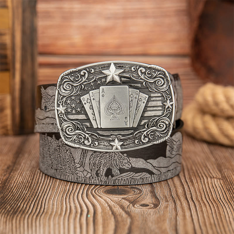 Vintage Poker Buckle Bear & Deer Printed Leather Belt - Grey - 40 - image 2