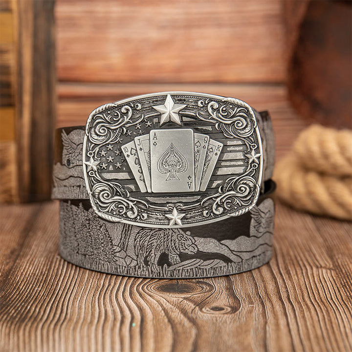 Vintage Poker Buckle Bear & Deer Printed Leather Belt - Grey - 40 - image 2