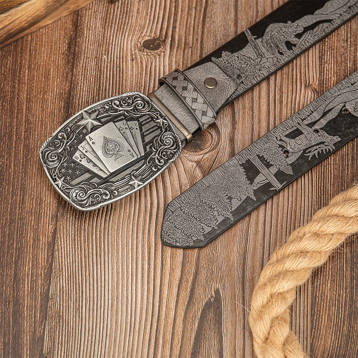 Vintage Poker Buckle Bear & Deer Printed Leather Belt - image 3