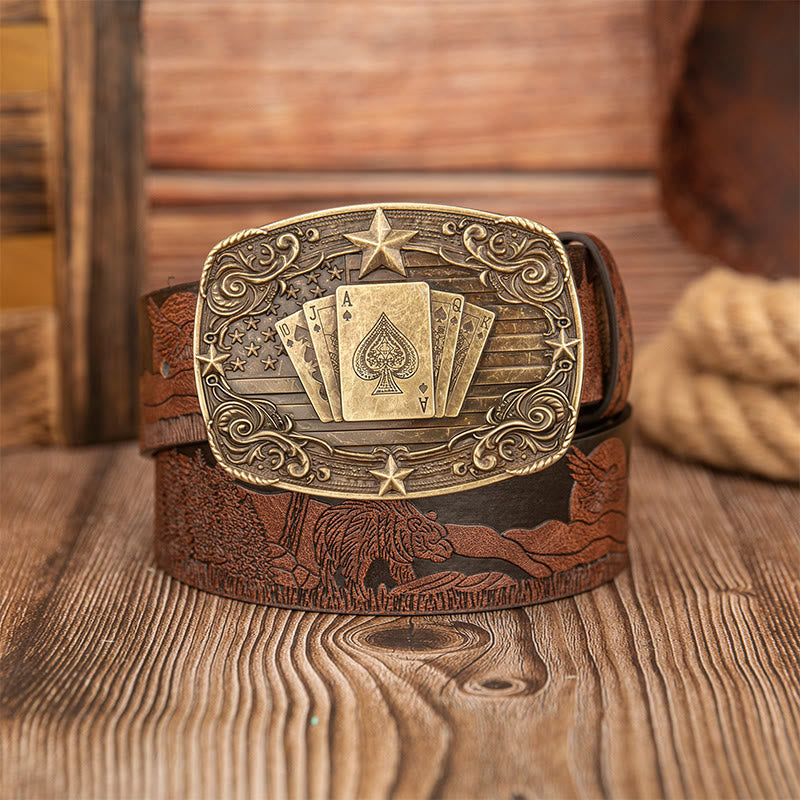 Vintage Poker Buckle Bear & Deer Printed Leather Belt - Brown - 40 - image 0