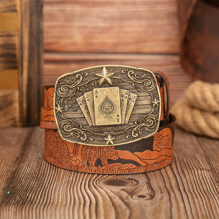 Vintage Poker Buckle Bear & Deer Printed Leather Belt - Camel - 40 - image 4