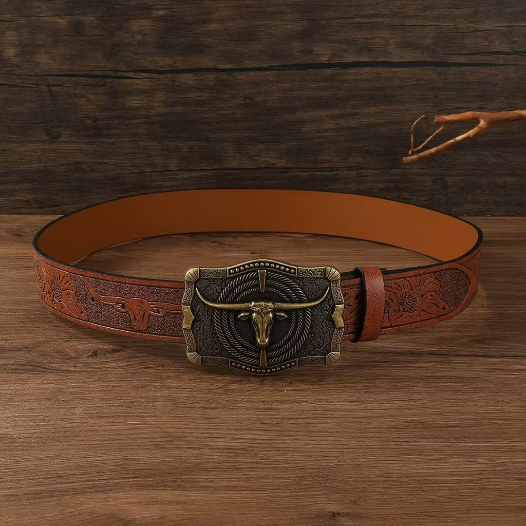 Western Style Antique Bronze Bullhead Buckle Embossed Leather Belt - Bullhead - 42 - image 0