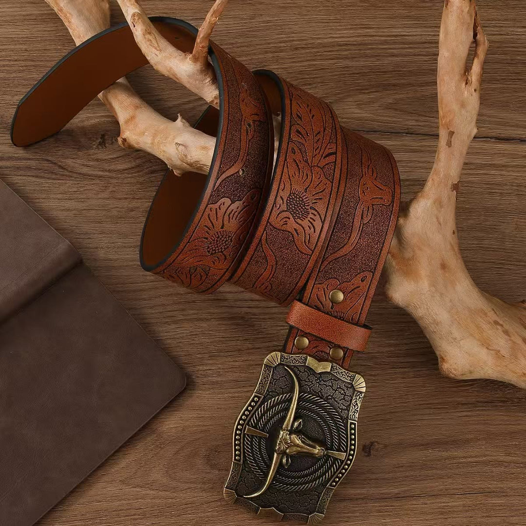 Western Style Antique Bronze Bullhead Buckle Embossed Leather Belt - image 2
