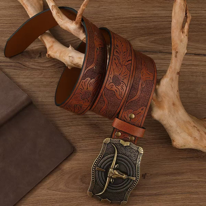 Western Style Antique Bronze Bullhead Buckle Embossed Leather Belt - image 2