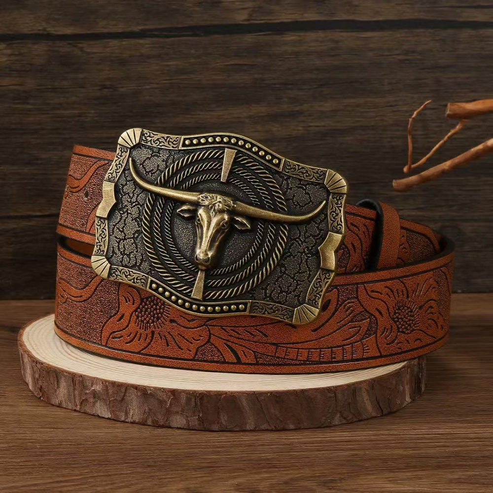 Western Style Antique Bronze Bullhead Buckle Embossed Leather Belt - image 1