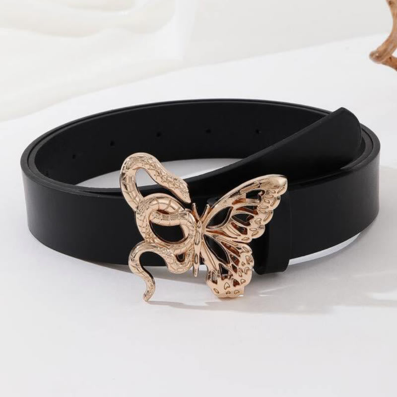 Sinuous Snake & Delicate Butterfly Buckle Black Leather Belt - Gold - 34 - image 0
