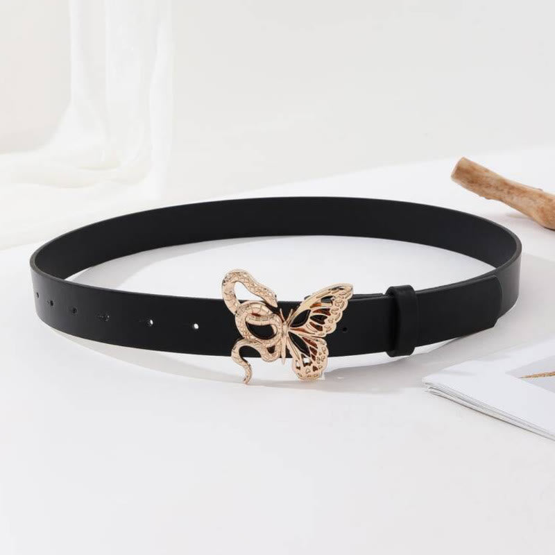Sinuous Snake & Delicate Butterfly Buckle Black Leather Belt - image 2