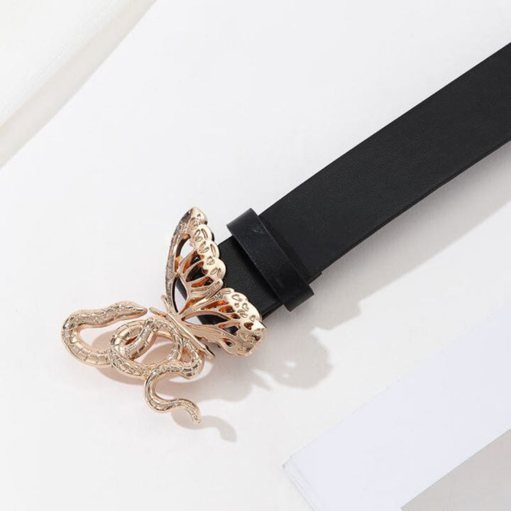Sinuous Snake & Delicate Butterfly Buckle Black Leather Belt - image 1