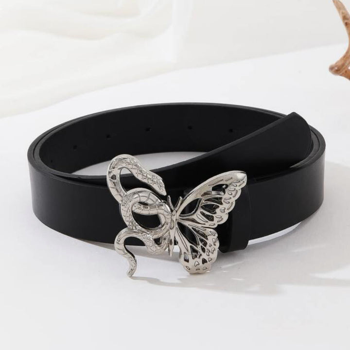 Sinuous Snake & Delicate Butterfly Buckle Black Leather Belt - Silver - 34 - image 3