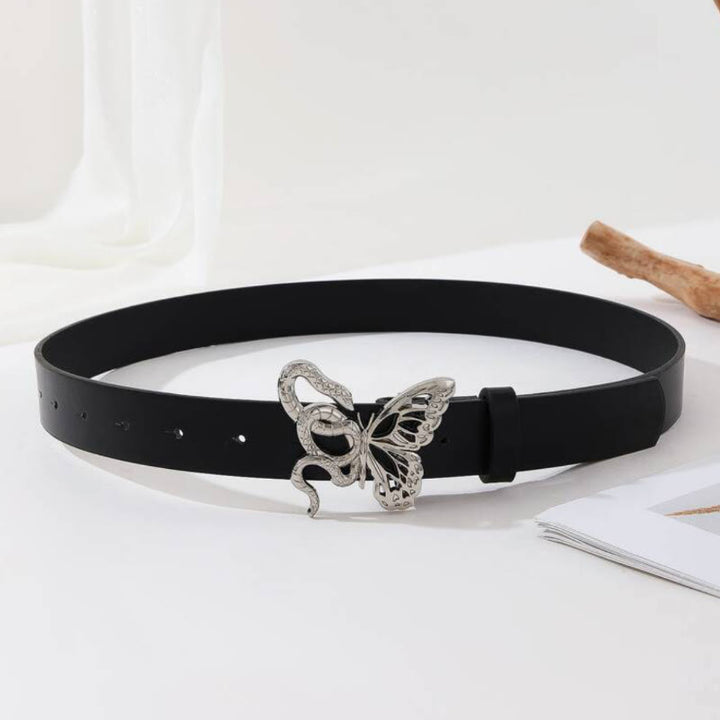 Sinuous Snake & Delicate Butterfly Buckle Black Leather Belt - image 5