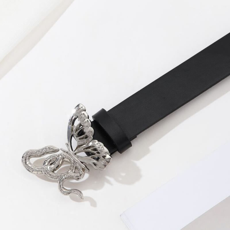 Sinuous Snake & Delicate Butterfly Buckle Black Leather Belt - image 4