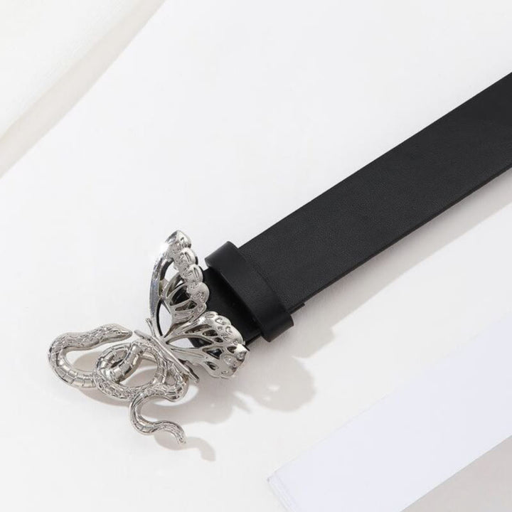 Sinuous Snake & Delicate Butterfly Buckle Black Leather Belt - image 4