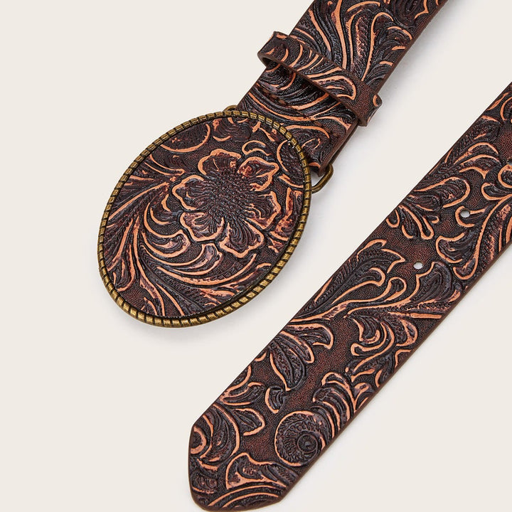 Western Charm Engraved Floral Pattern Leather Belt - image 2