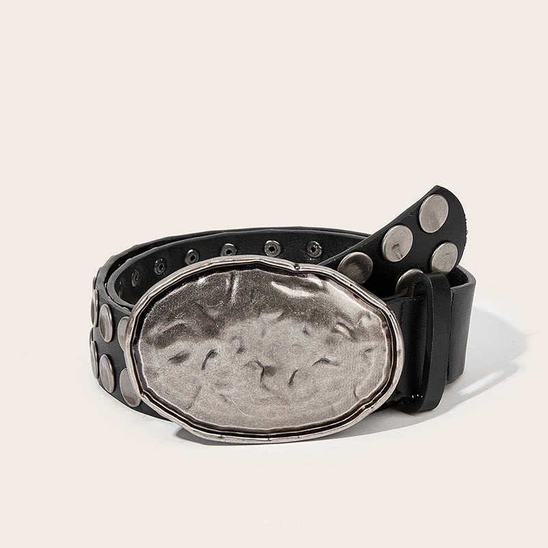 Rock Hammered Buckle Punk-Inspired Studded Leather Belt - Black - 40 - image 0