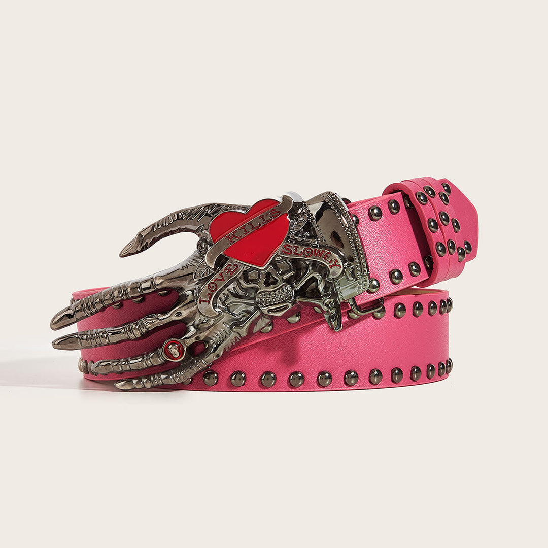 Gothic Skeleton Claw & Skull Studded Leather Belt - Pink - 40 - image 8