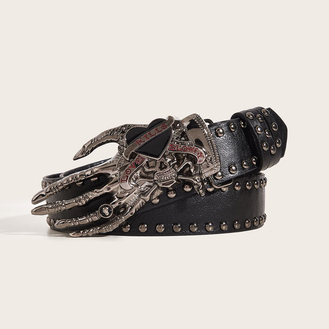 Gothic Skeleton Claw & Skull Studded Leather Belt - Black - 40 - image 0