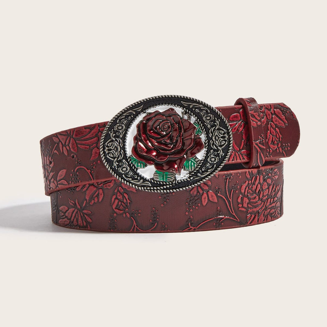 Dark Romantic Red Rose Embossed Leather Belt - Dark Red - 40 - image 0
