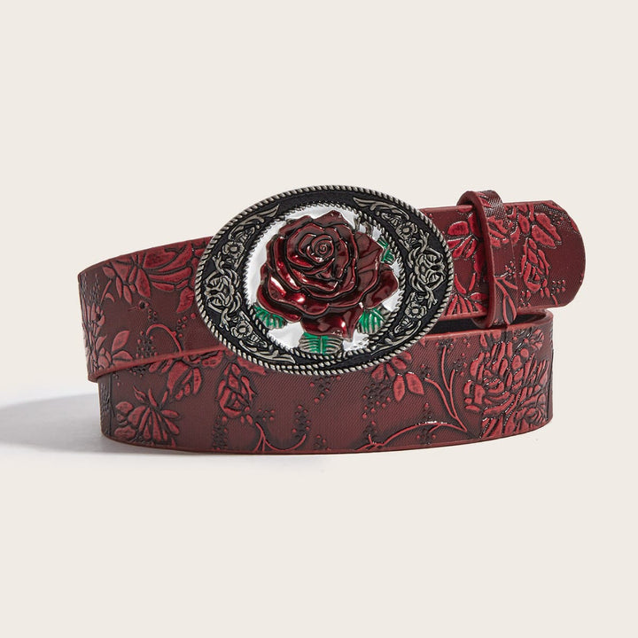 Dark Romantic Red Rose Embossed Leather Belt - Dark Red - 40 - image 0