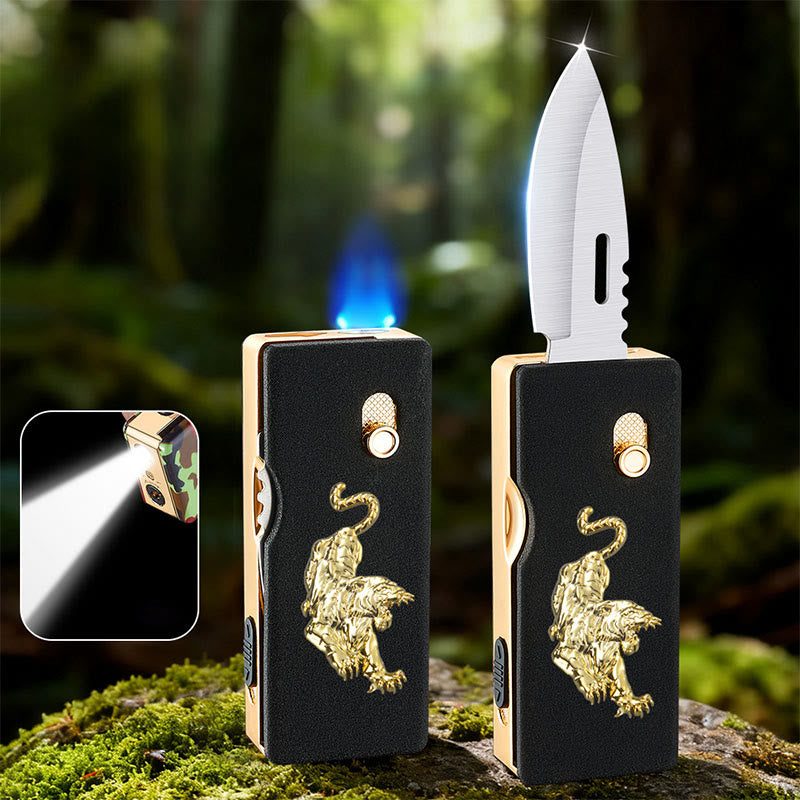 2-in-1 Golden Horse Relief Lighting Folding Knife Lighter - Tiger - image 1