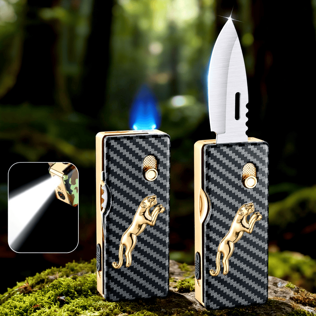 2-in-1 Golden Horse Relief Lighting Folding Knife Lighter - Leopard - image 2