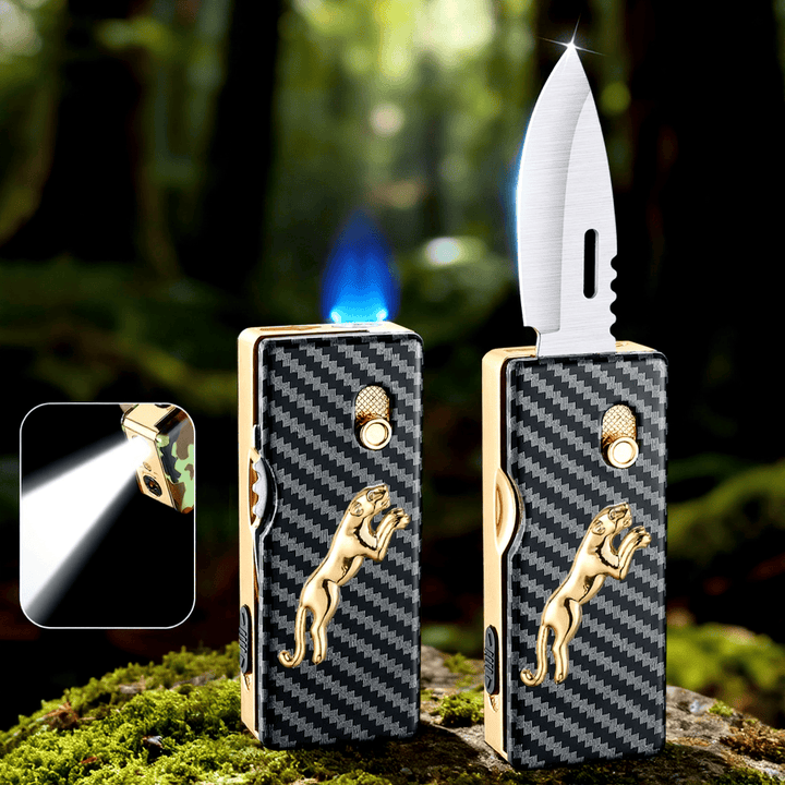 2-in-1 Golden Horse Relief Lighting Folding Knife Lighter - Leopard - image 2