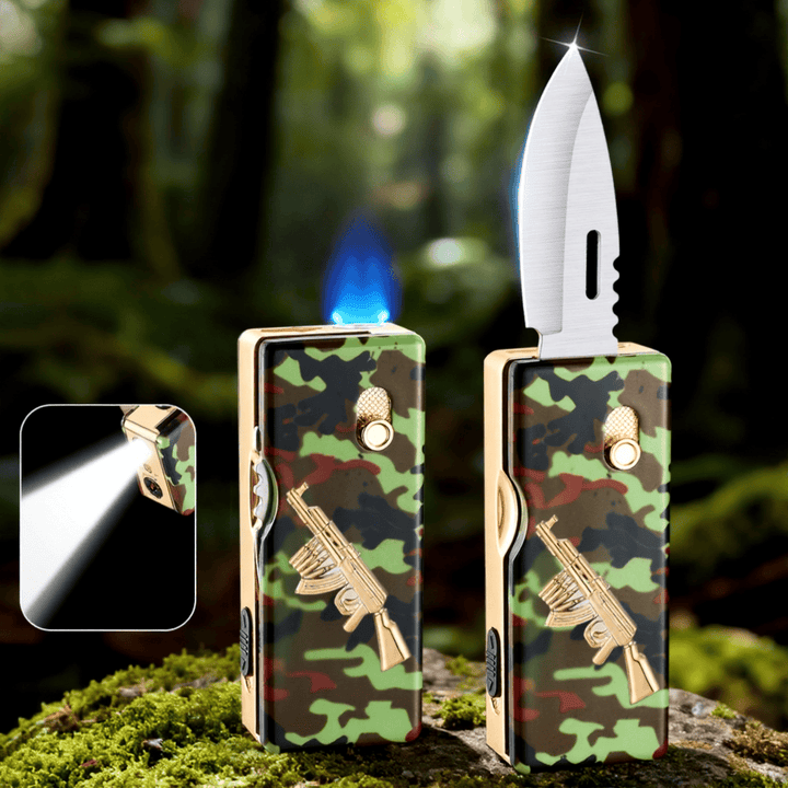 2-in-1 Golden Horse Relief Lighting Folding Knife Lighter - Gun - image 0