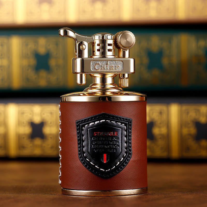 Vintage Can Shaped Leather Wrapped Kerosene Lighter - Golden - image 6