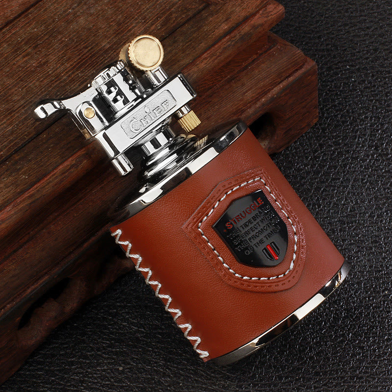 Vintage Can Shaped Leather Wrapped Kerosene Lighter - Silver - image 5