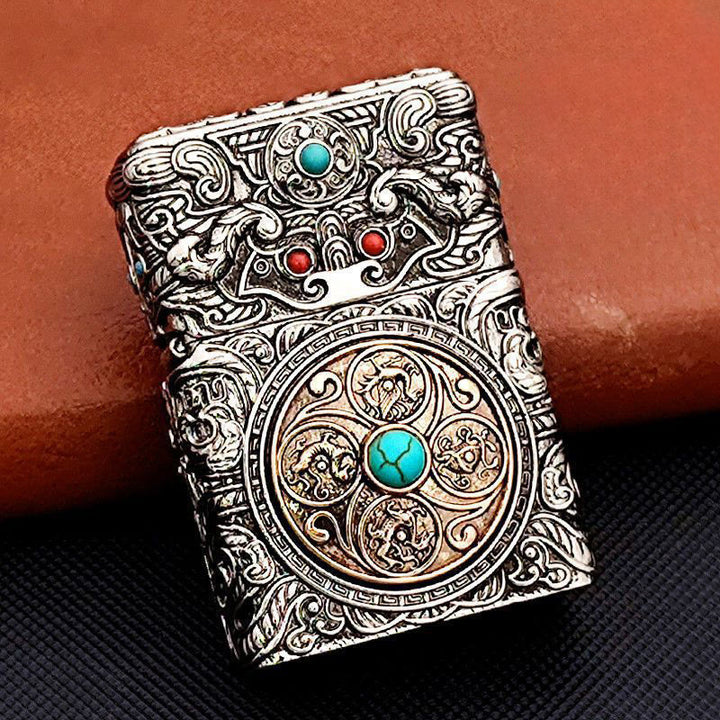 Whole Body Carved Texture Turquoise Kerosene Lighter - Silver - image 0