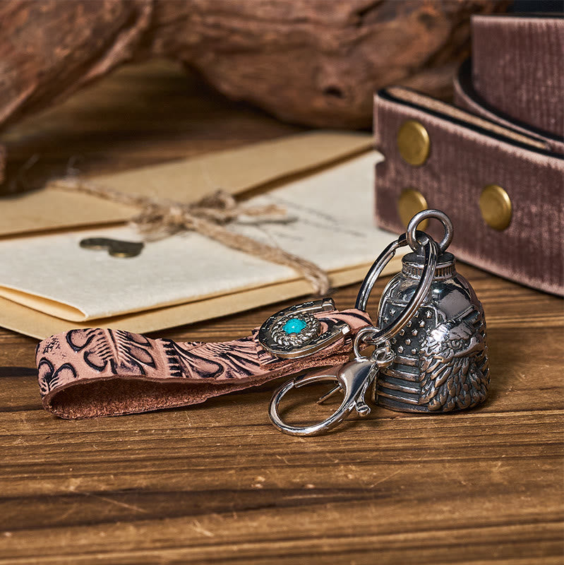 Vintage Motorcycle Eagle Bell Embossed Leather Keychain - Style #1 - image 1