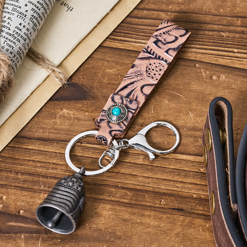 Vintage Motorcycle Eagle Bell Embossed Leather Keychain - image 8