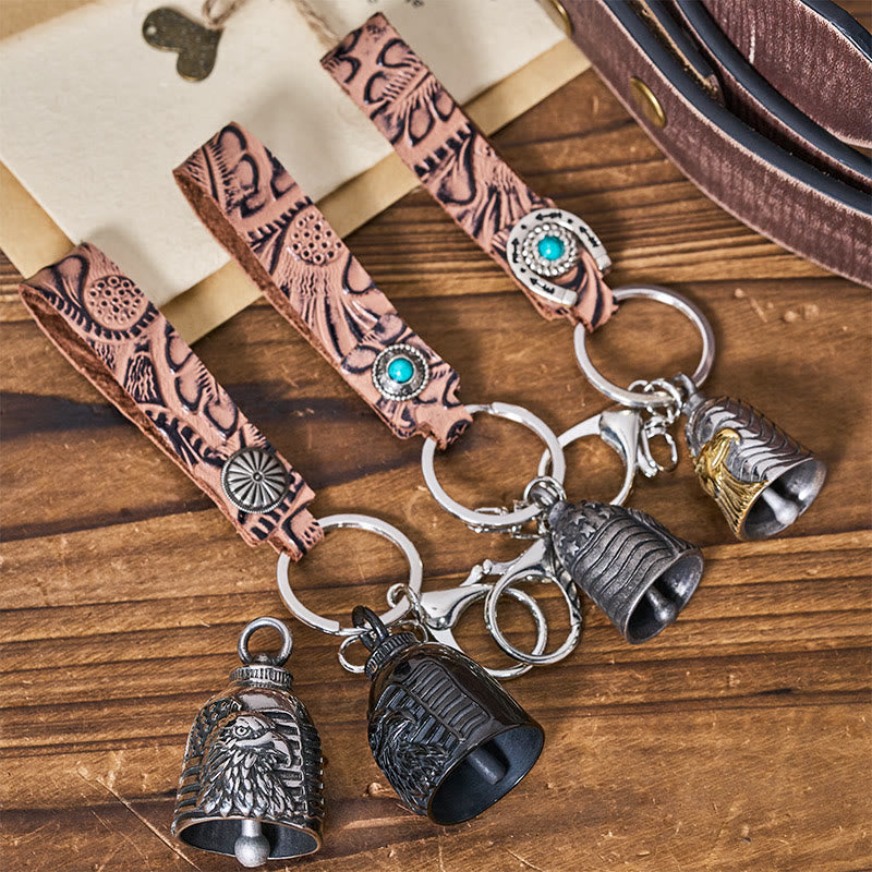 Vintage Motorcycle Eagle Bell Embossed Leather Keychain - image 0