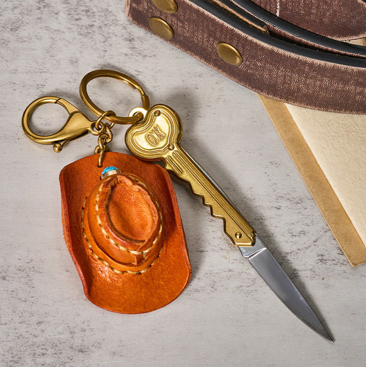 Western Retro Cowboy Hat Pendant Folding Knife Keychain - Orange - image 1