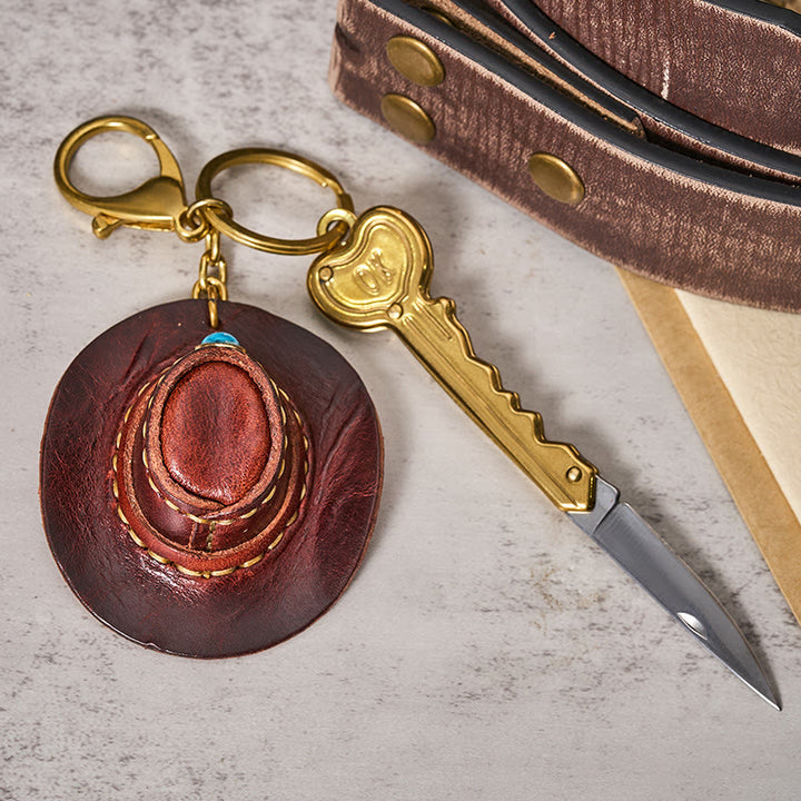 Western Retro Cowboy Hat Pendant Folding Knife Keychain - Coffee - image 3