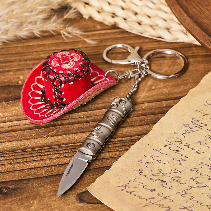 Western Silver Folding Knife Cowboy Hat Pendant Keychain - Red Cowboy Hat - image 1