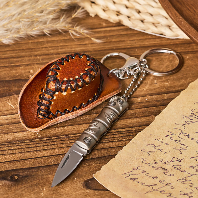 Western Silver Folding Knife Cowboy Hat Pendant Keychain - Brown Cowboy Hat - image 4