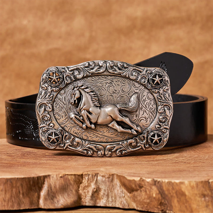 Men's Silver Galloping Horse & Stars Buckle Leather Belt - Black Embossed Eagle Belt - 42 - image 2