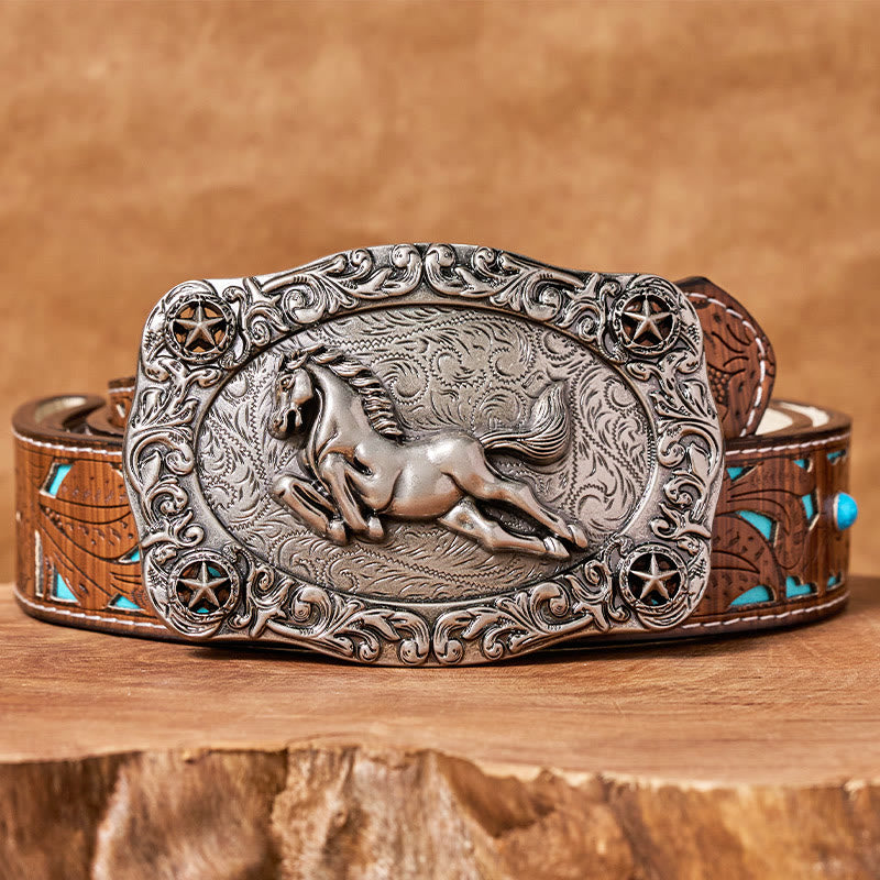 Men's Silver Galloping Horse & Stars Buckle Leather Belt - Turquoise Carved Belt - 42 - image 3