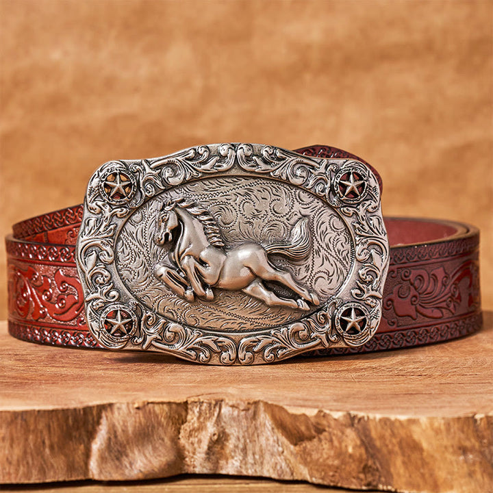 Men's Silver Galloping Horse & Stars Buckle Leather Belt - Brown Carved Belt - 42 - image 6