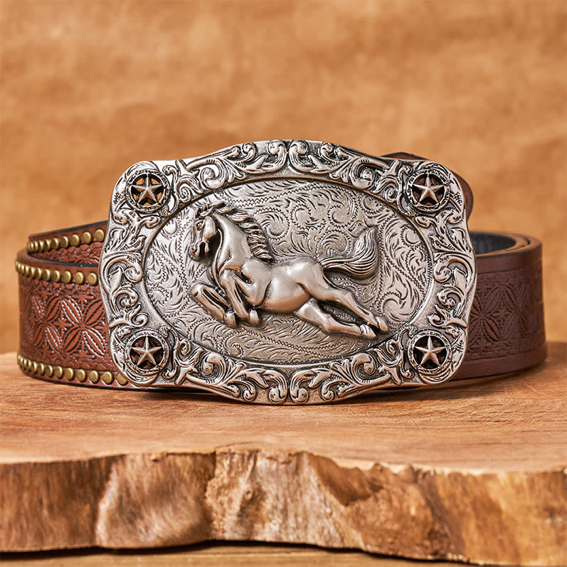 Men's Silver Galloping Horse & Stars Buckle Leather Belt - Brown Rivet Belt - 42 - image 4