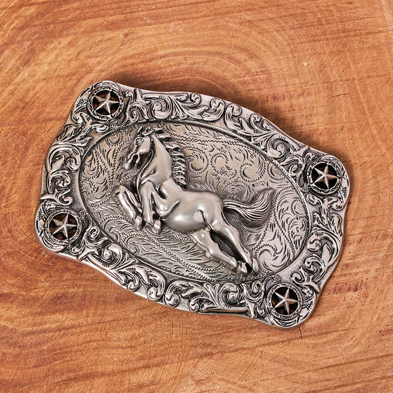 Men's Silver Galloping Horse & Stars Buckle Leather Belt - image 1
