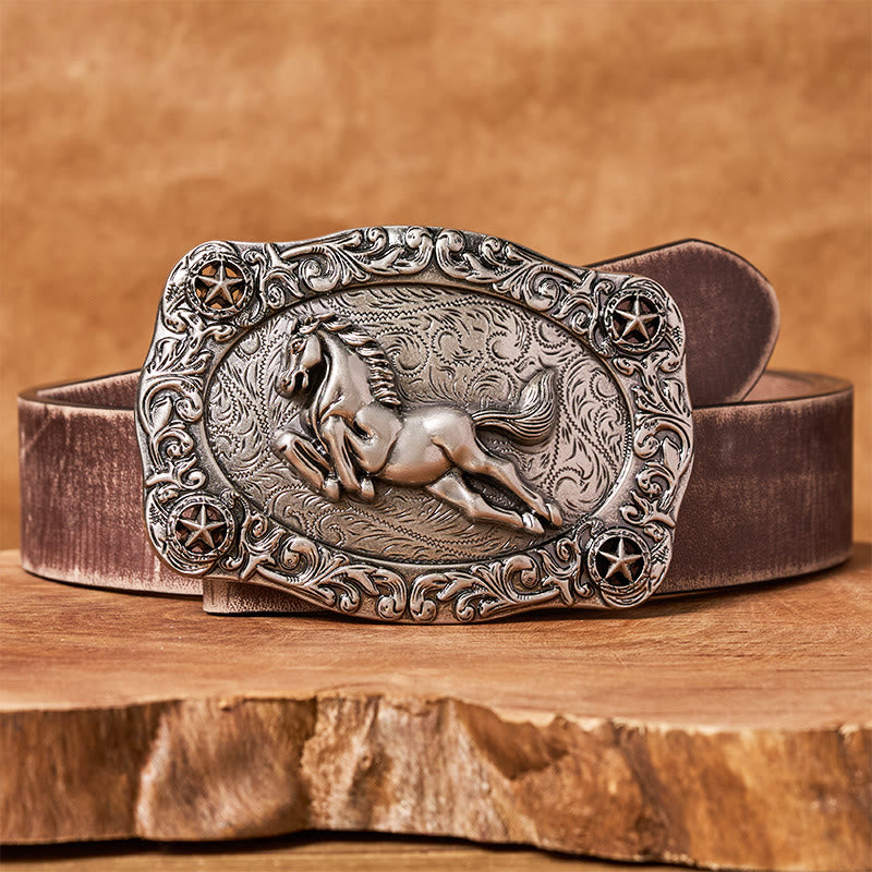 Men's Silver Galloping Horse & Stars Buckle Leather Belt - Brown Distressed Belt - 42 - image 5
