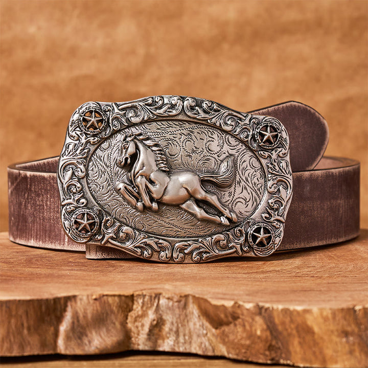 Men's Silver Galloping Horse & Stars Buckle Leather Belt - Brown Distressed Belt - 42 - image 5