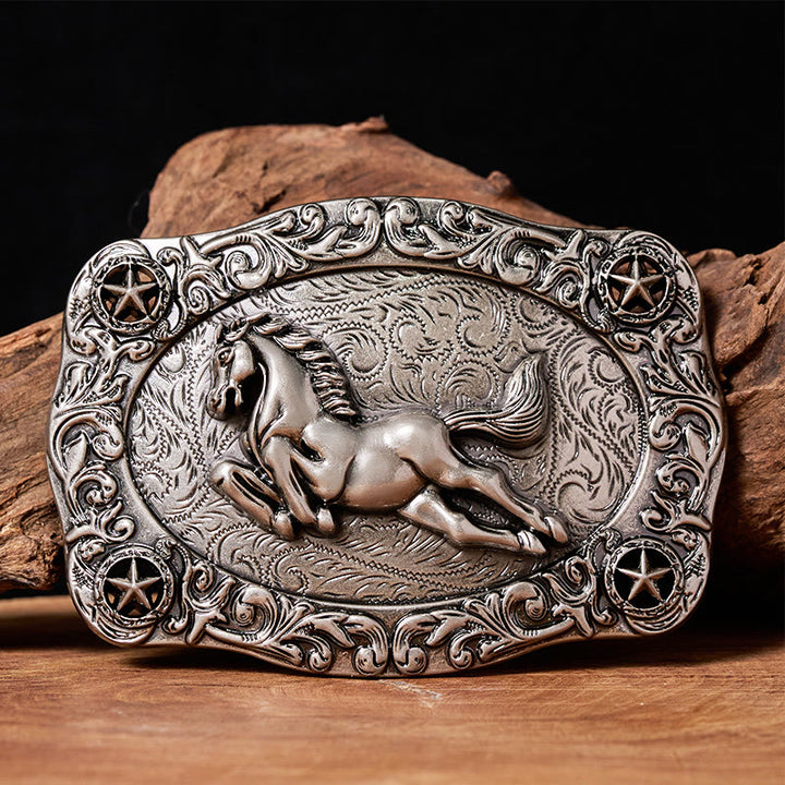 Men's Silver Galloping Horse & Stars Buckle Leather Belt - Without Belt - Not Included Belt - image 0