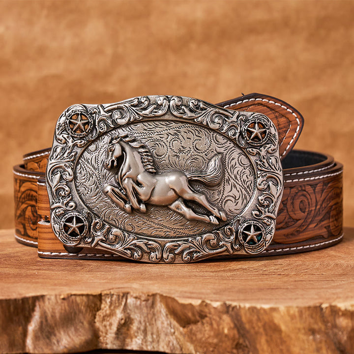 Men's Silver Galloping Horse & Stars Buckle Leather Belt - Brown Feather Belt - 40 - image 7