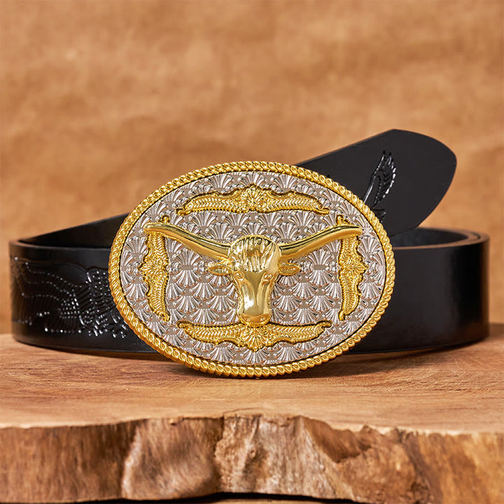 Men's Gold & Silver Longhorn Bullhead Oval Buckle Leather Belt - Black Embossed Eagle Belt - 42 - image 2