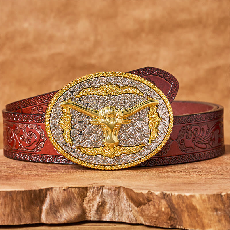 Men's Gold & Silver Longhorn Bullhead Oval Buckle Leather Belt - Brown Carved Belt - 42 - image 6
