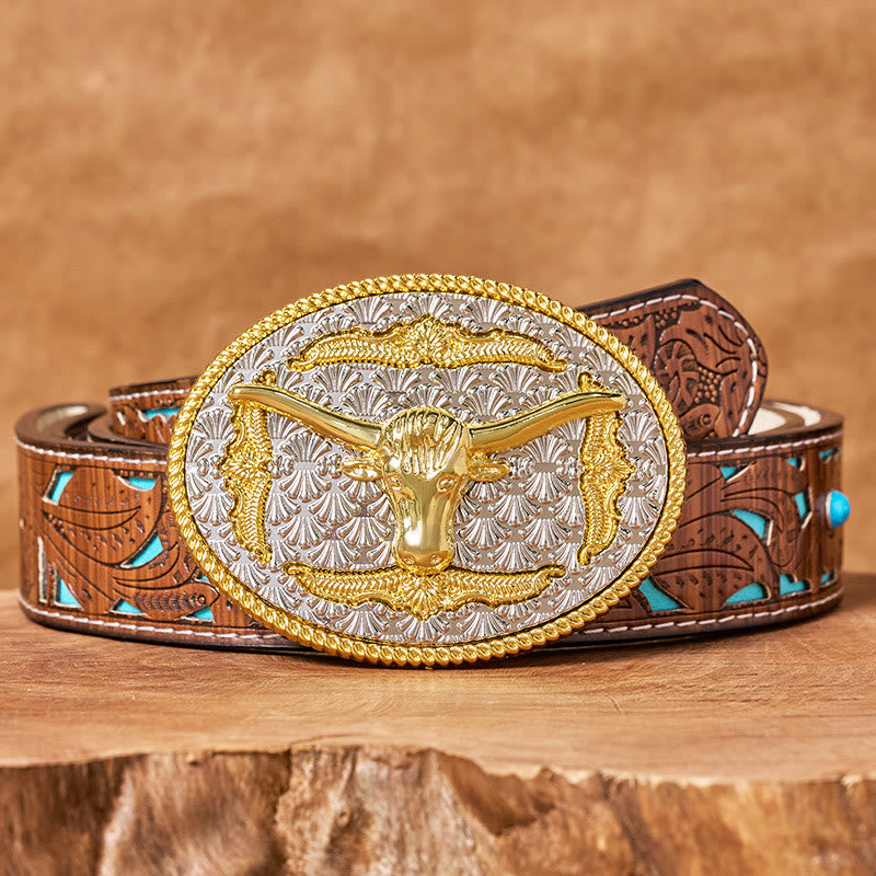 Men's Gold & Silver Longhorn Bullhead Oval Buckle Leather Belt - Turquoise Carved Belt - 42 - image 3