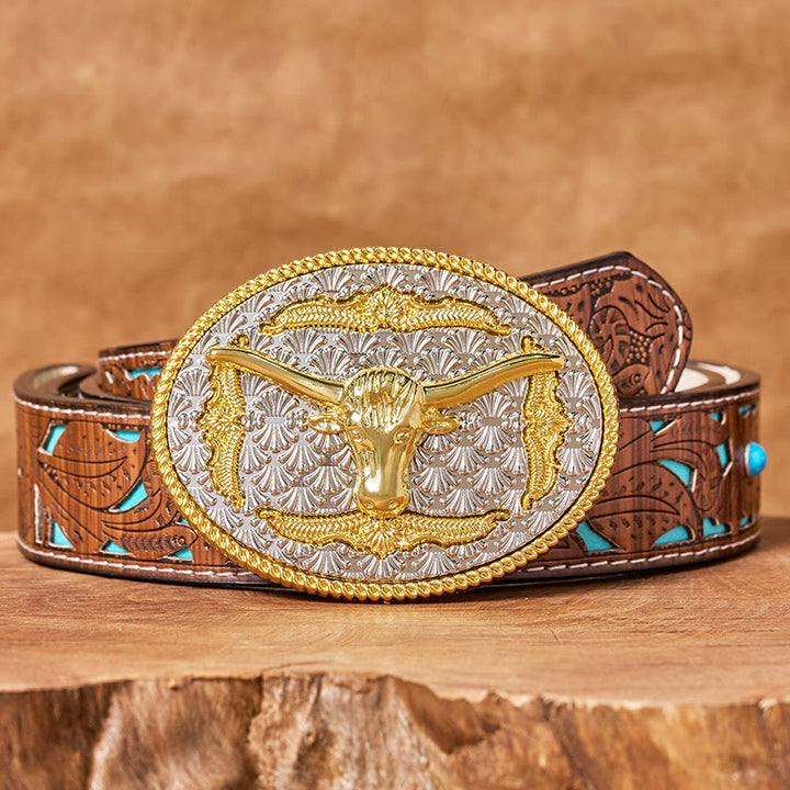 Men's Gold & Silver Longhorn Bullhead Oval Buckle Leather Belt - Turquoise Carved Belt - 42 - image 3
