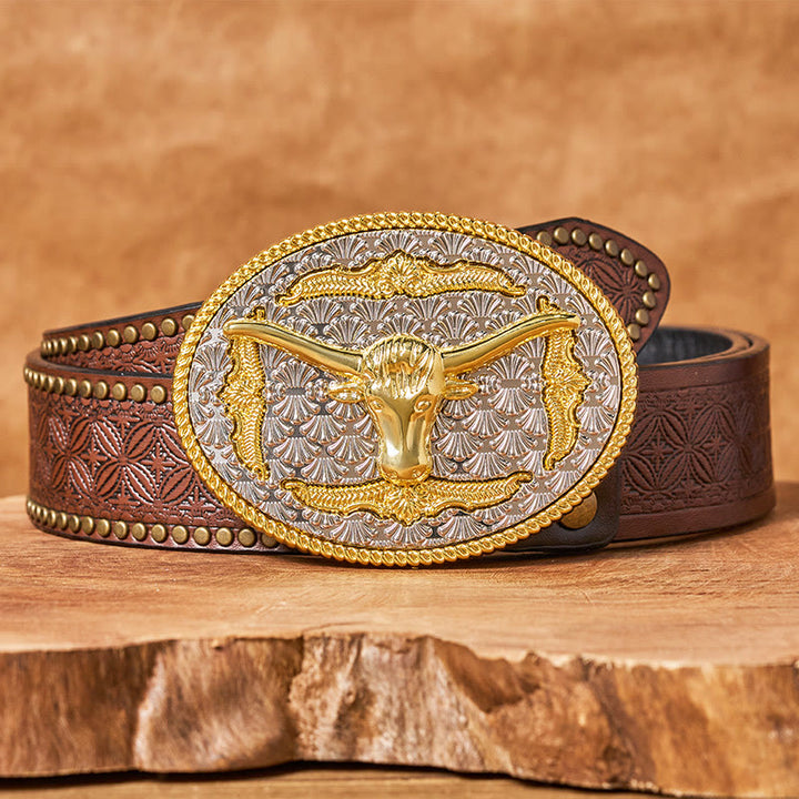 Men's Gold & Silver Longhorn Bullhead Oval Buckle Leather Belt - Brown Rivet Belt - 42 - image 4